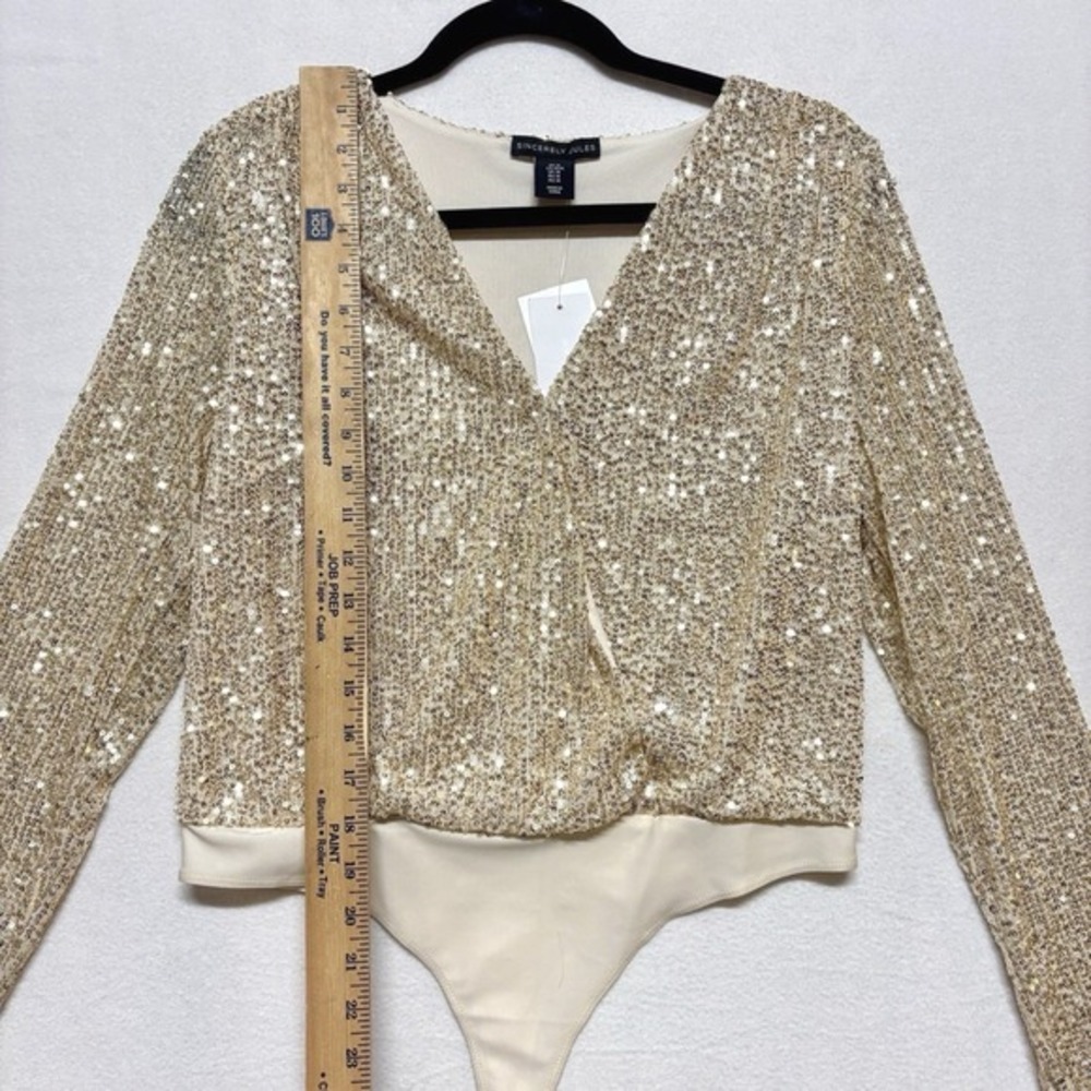 NWT Sequin Bodysuit Top Gold Champagne Long Sleeve Party Cocktail Women's Medium - Picture 8 of 10